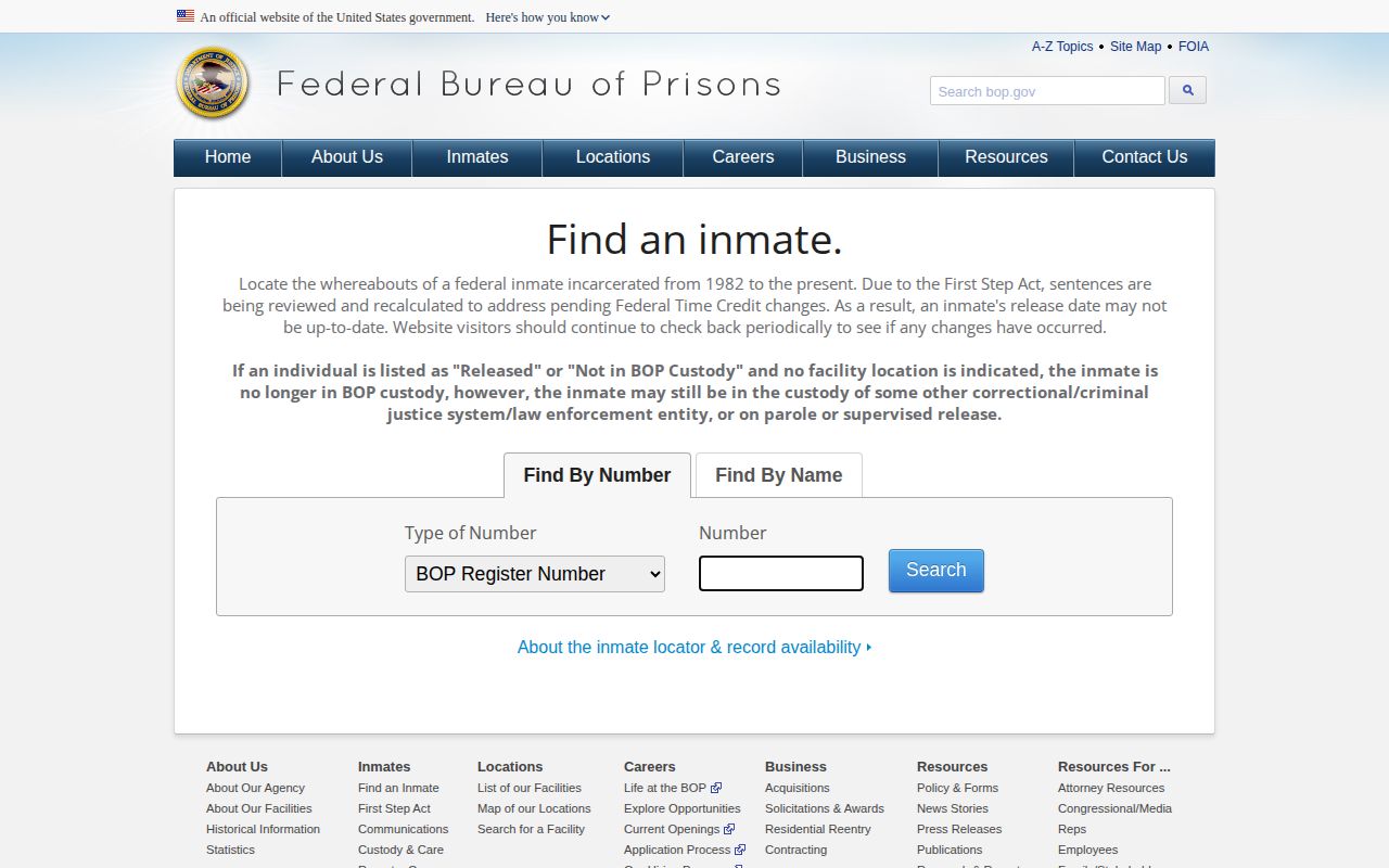 Federal Bureau of Prisons inmate locator search page