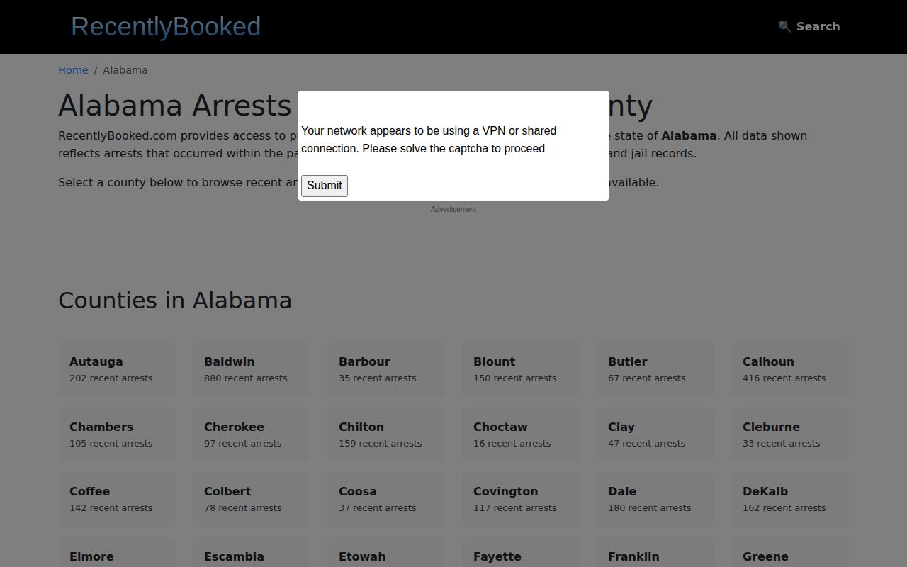 RecentlyBooked Alabama secondary booking page